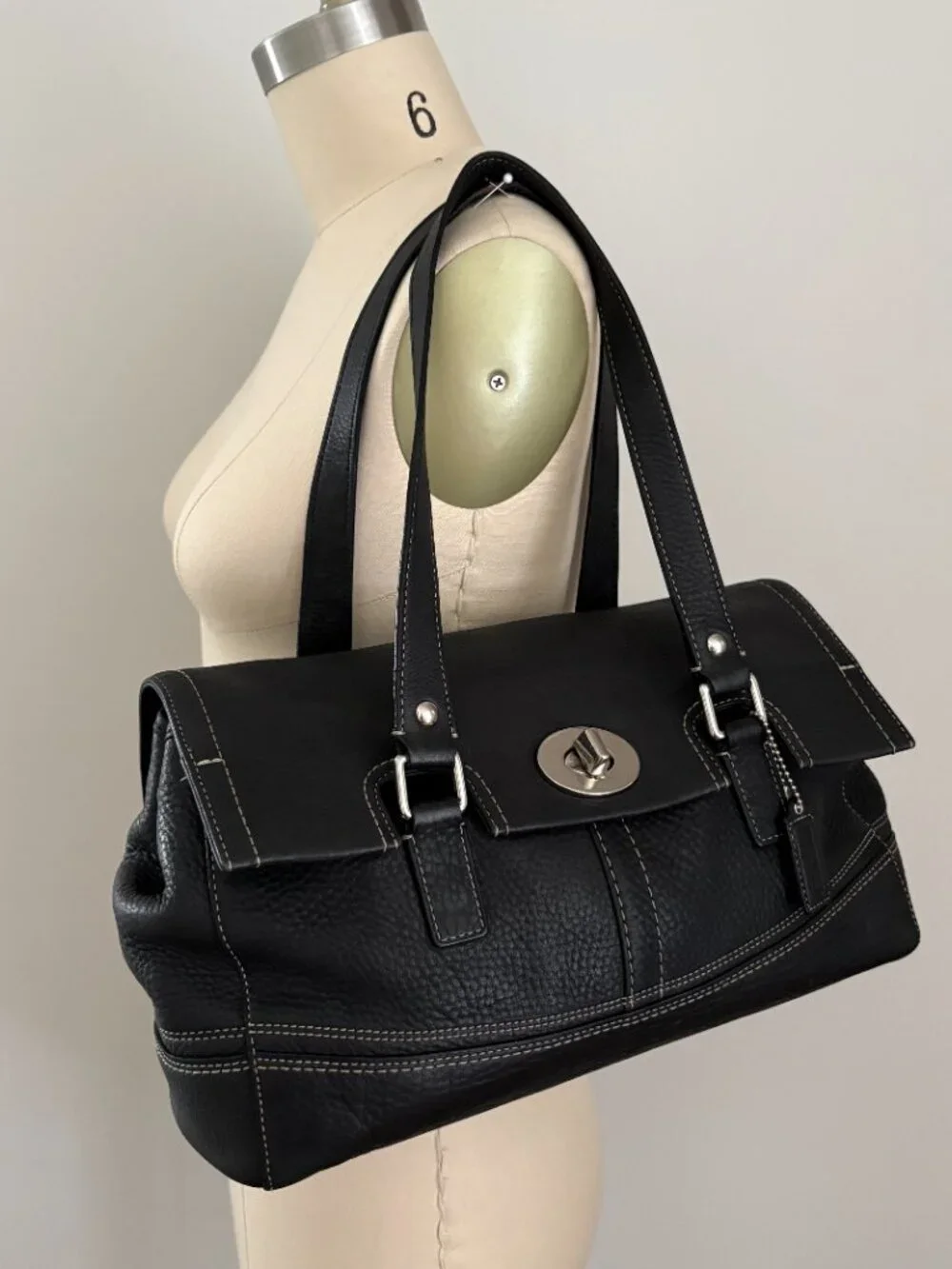 Coach Hamilton Black Pebbled Leather Turnlock Satchel Bag F13091 Quiet Luxury
